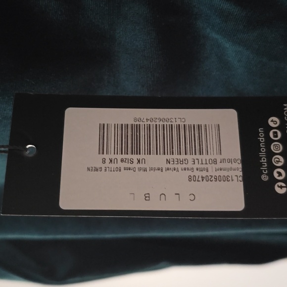 Compliment Bottle Green Velvet Bardot Midi Dress - Picture 3 of 4